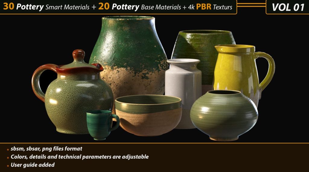 30 Pottery Smart material + 20 Pottery Base Material + 4k PBR Textures Vol01 (Premium)