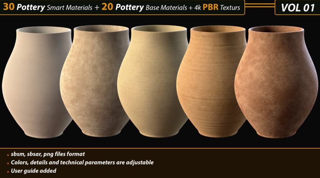 30 Pottery Smart material + 20 Pottery Base Material + 4k PBR Textures Vol01 (Premium)